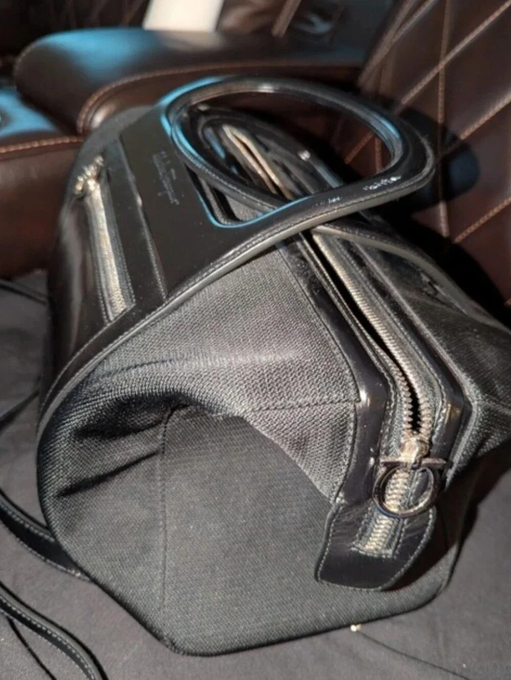 Salvatore Ferragamo Signature Black Leather & Canvas Top Handle Bag W/Strap